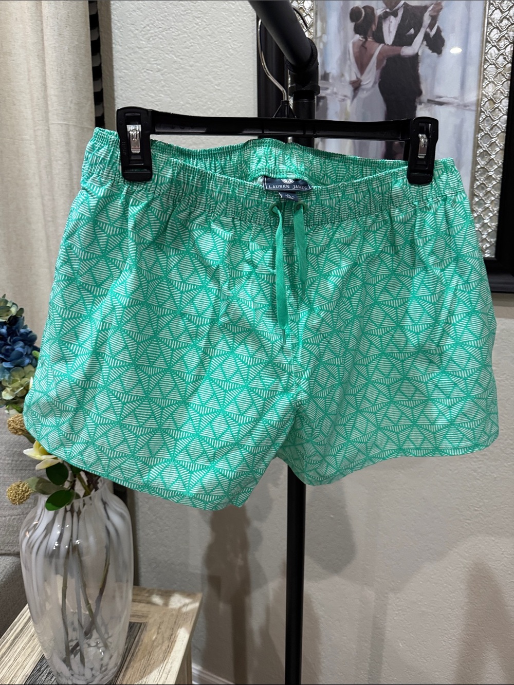 Lauren James Mint Green Geometric Drawstring Athletic Shorts